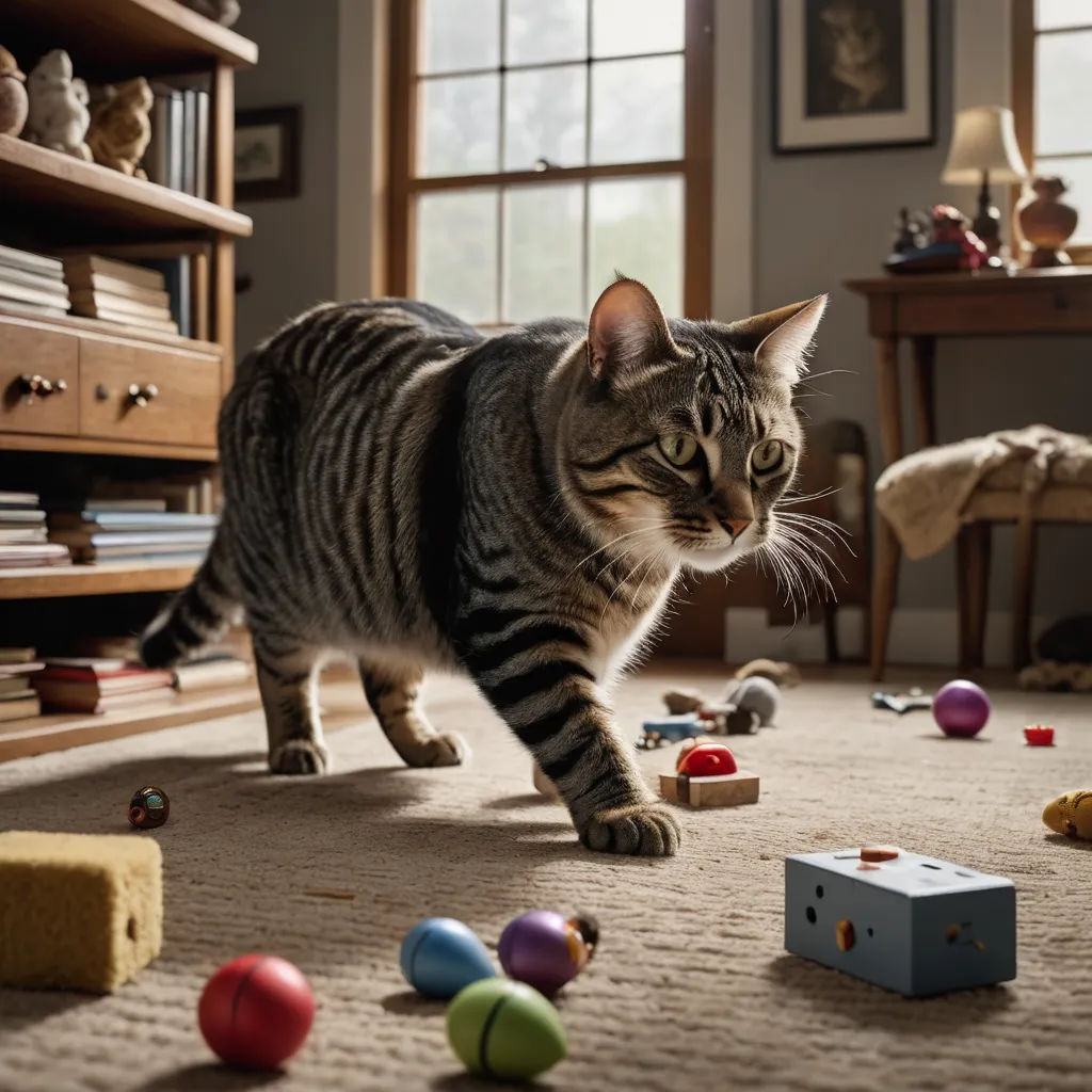 a cat walking across a living room floor with toys on the floor and a dresser in the background with a window, assemblage, a tilt shift photo, Chris LaBrooy, promotional image