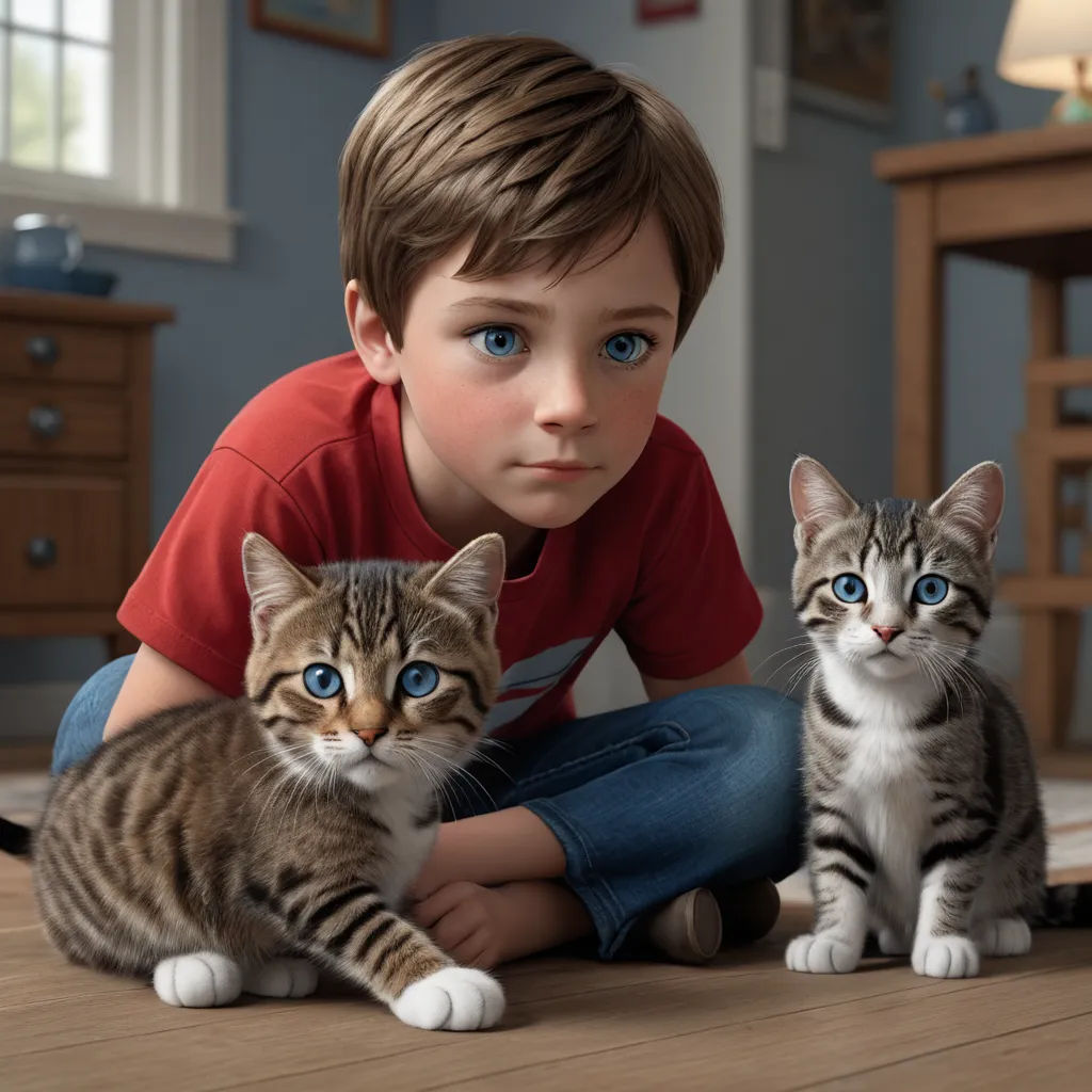 a boy is sitting on the floor with two kittens in front of him and a cat behind him, photorealism, a computer rendering, Chris LaBrooy, ultra realistic digital art