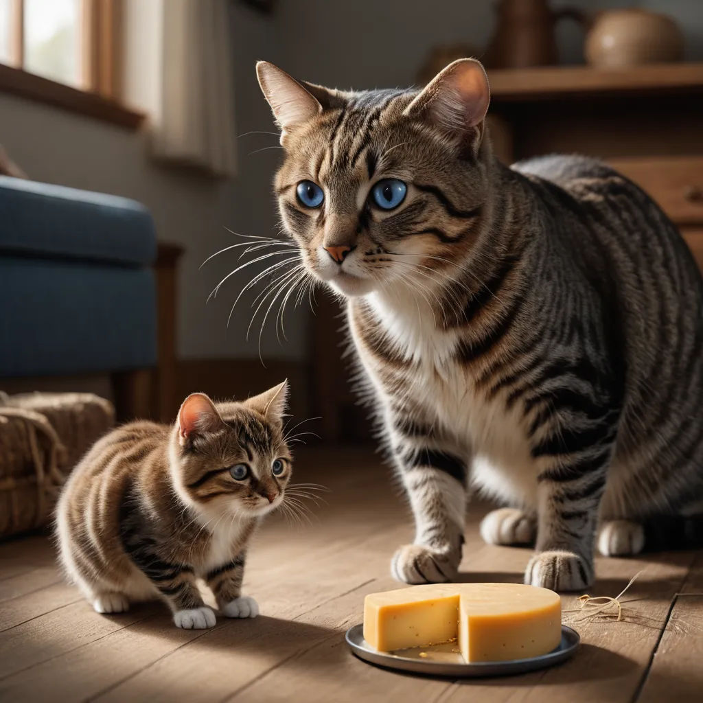 a cat and a kitten are standing on the floor next to a plate of cheese and a blue eyed cat, photorealism, a stock photo, Chris LaBrooy, award - winning photography