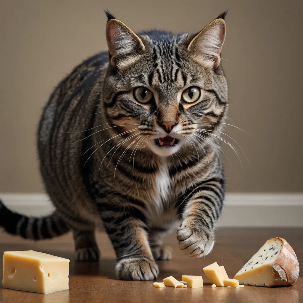 a cat is walking next to a piece of cheese on the floor and a piece of cheese on the floor, cubism, a stock photo, Carlos Catasse, animal photography