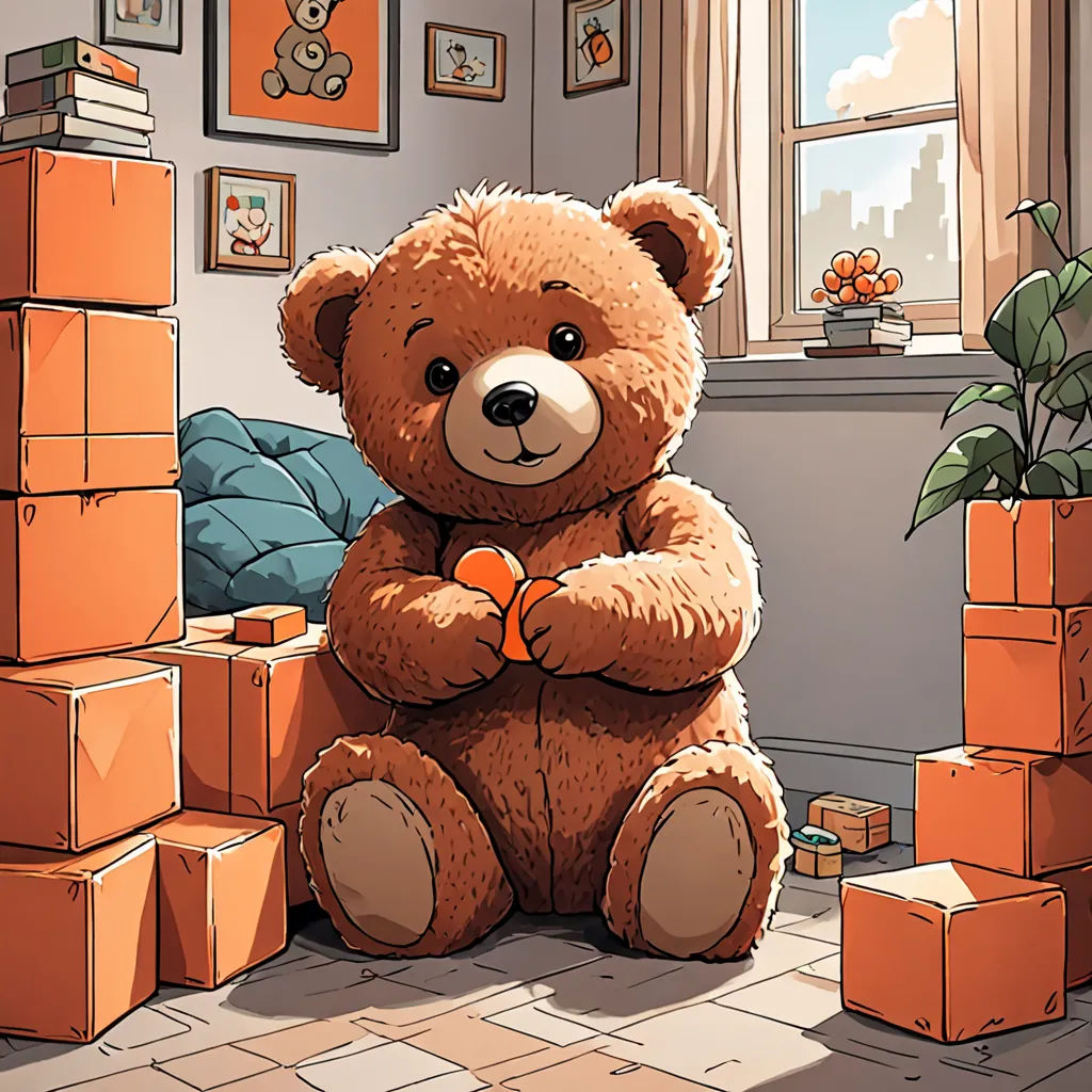 a teddy bear sitting on the floor next to a pile of boxes and a plant in a room with a window, furry art, a storybook illustration, Diego Gisbert Llorens, rossdraws global illumination