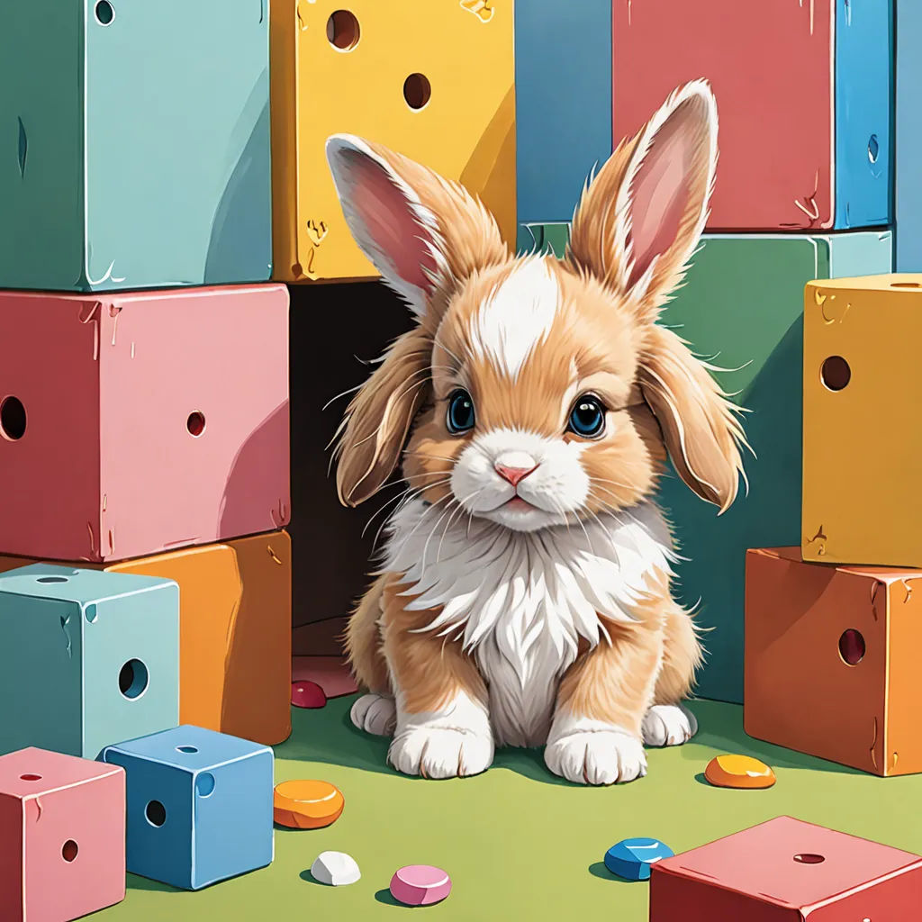 a painting of a little bunny sitting in front of a pile of blocks of colored blocks with a face, furry art, a detailed painting, Chris LaBrooy, professional digital painting