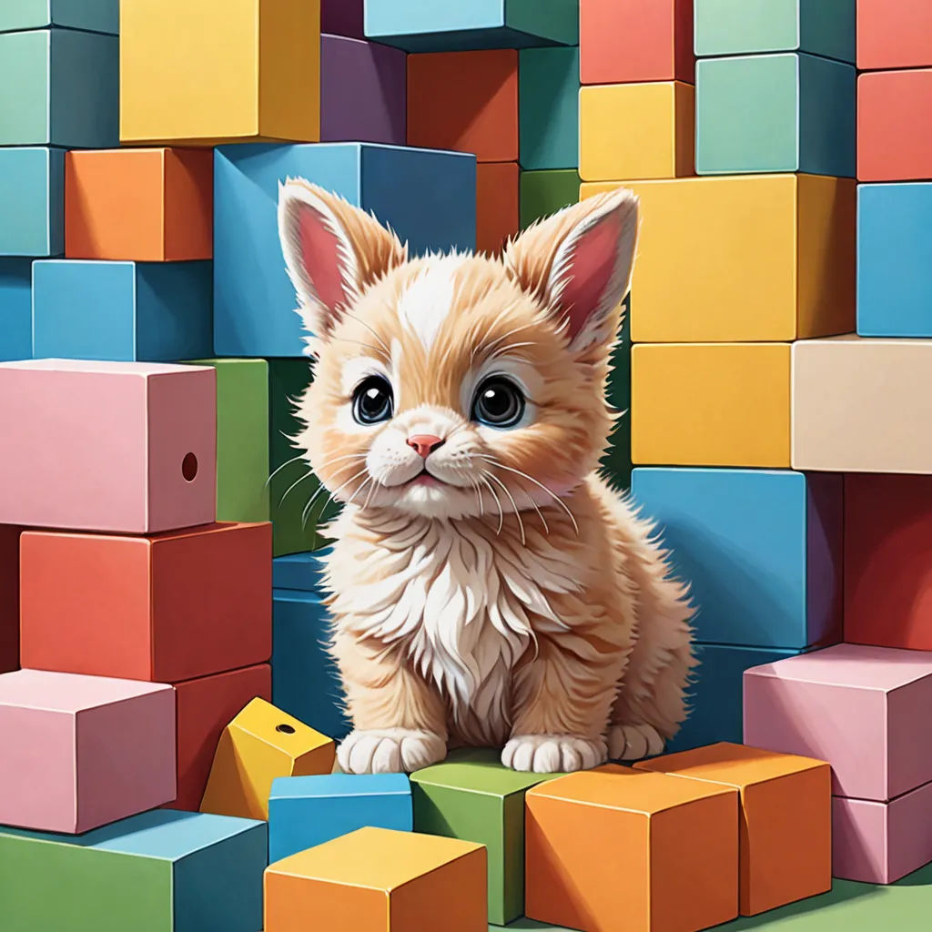 a painting of a kitten sitting on top of a pile of blocks of colored blocks with a surprised look on its face, sots art, a detailed painting, Chris LaBrooy, professional digital painting