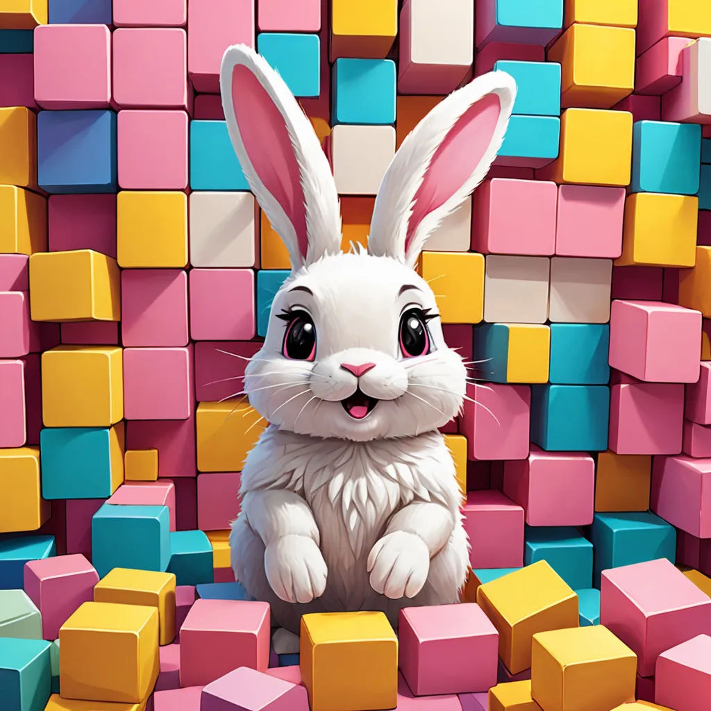 a rabbit sitting in front of a pile of cubes with a face painted on it's face, photorealism, an ambient occlusion render, Chris LaBrooy, rossdraws global illumination