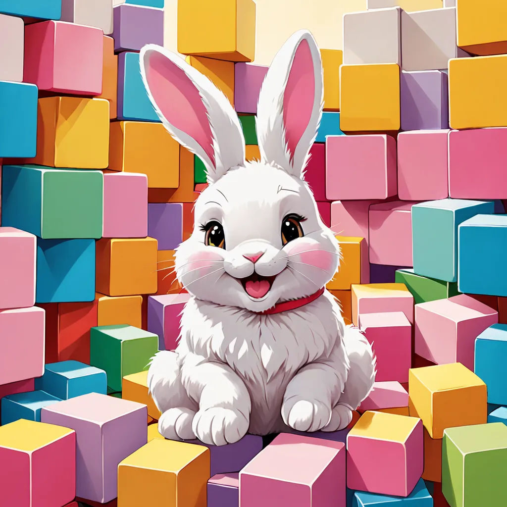 a white rabbit sitting on top of a pile of blocks of colored blocks with a pink nose and a pink bow, pop surrealism, an ambient occlusion render, Chris LaBrooy, rossdraws global illumination