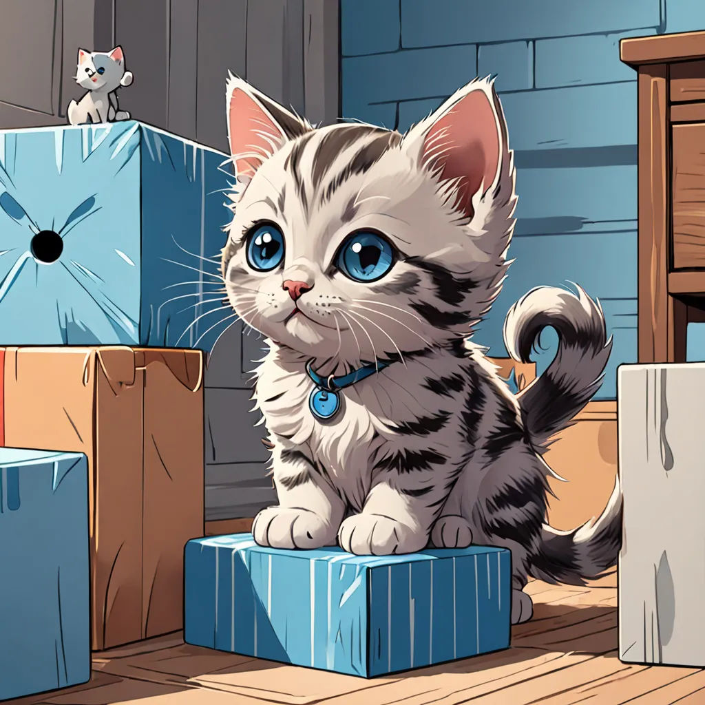 a kitten sitting on a box with a blue collar on it's neck and a clock in the background, sots art, a storybook illustration, Chris Rallis, rossdraws global illumination
