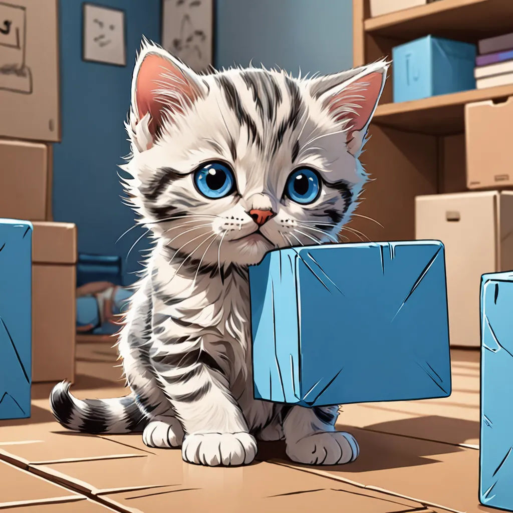 a kitten sitting on the floor with a blue block in front of it and boxes around it, all around it, sots art, a character portrait, Cyril Rolando, 2 d game art