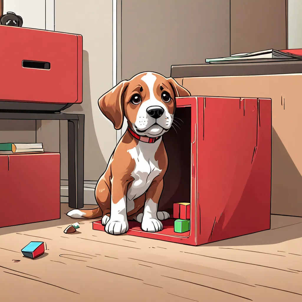 a dog sitting in a red box in a room with a red dresser and a red chest of drawers, sots art, concept art, Chip Zdarsky, official art