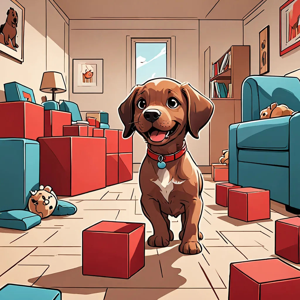 a dog is standing in a room with red blocks and a cat is sitting on the floor in front of it, lyco art, a storybook illustration, Diego Gisbert Llorens, rossdraws global illumination