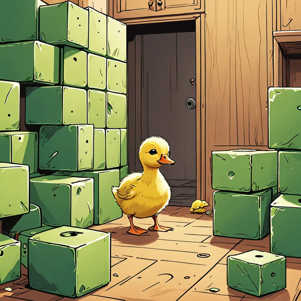 a duck standing in front of a pile of green blocks of wood with a door in the background and a yellow rubber duck in the foreground, context art, a storybook illustration, Chris LaBrooy, rossdraws global illumination
