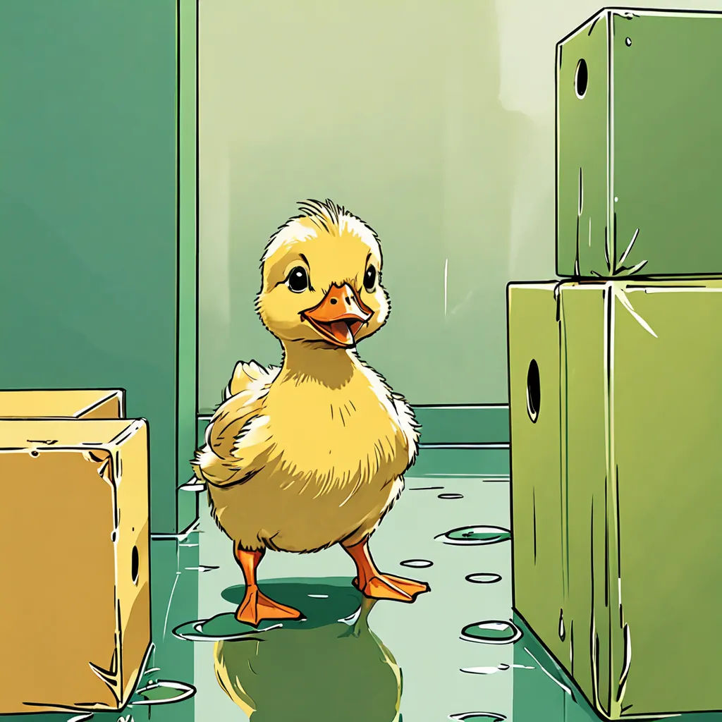 a duck standing in a room next to a box and a refrigerator with a green wall behind it and a green door, context art, a comic book panel, Clarice Beckett, storybook illustration