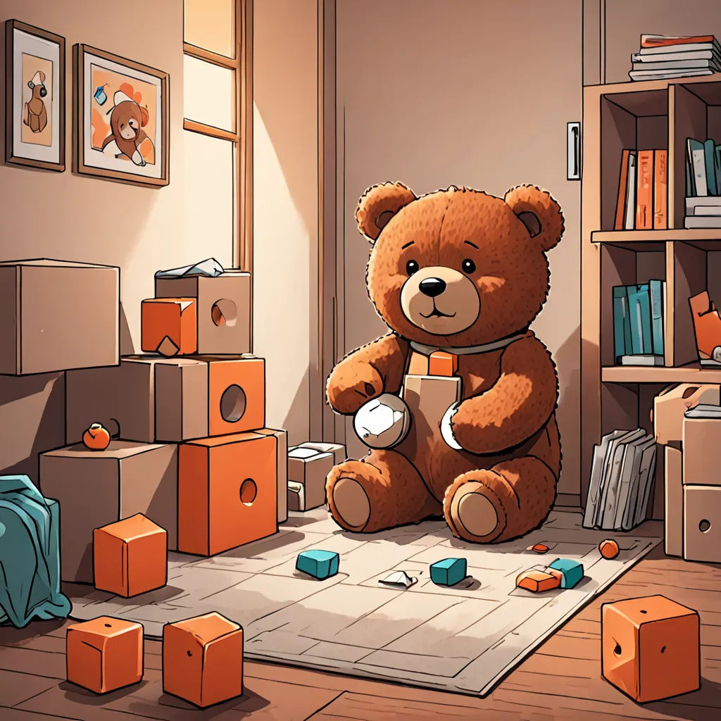 a teddy bear sitting on the floor in a room with boxes and boxes around it and a bookcase, sots art, a storybook illustration, Cedric Seaut (Keos Masons), rossdraws global illumination