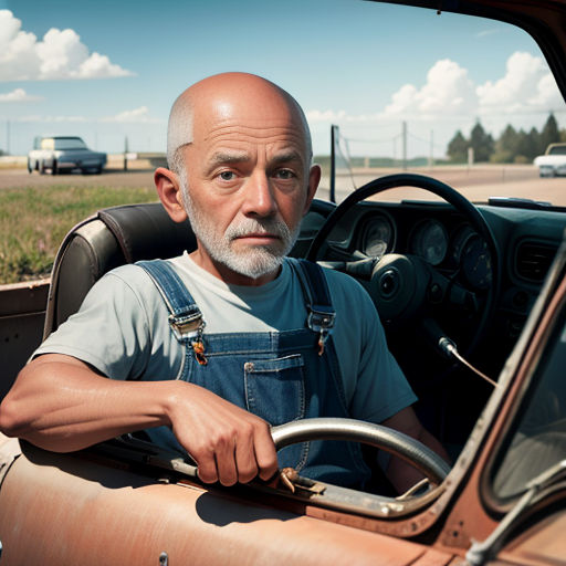 a man sitting in the driver's seat of a truck with a steering wheel and a steering wheel