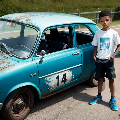 a boy standing next to a blue car with a number 14 on it's side and a number 14 on the front