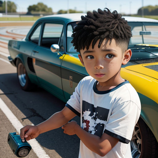 a young boy holding a toy car in front of a car on a road with other cars in the background