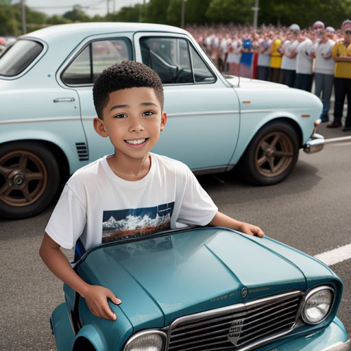a young boy is standing next to a car in a parade with other people in the background and a blue car
