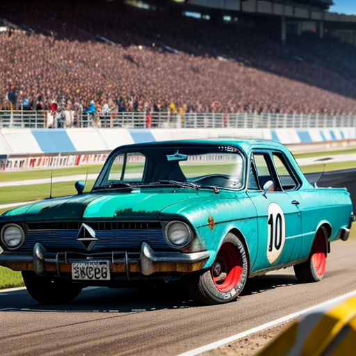 a green car driving down a race track with a crowd watching from the stands behind it and a crowd of people watching from the stands
