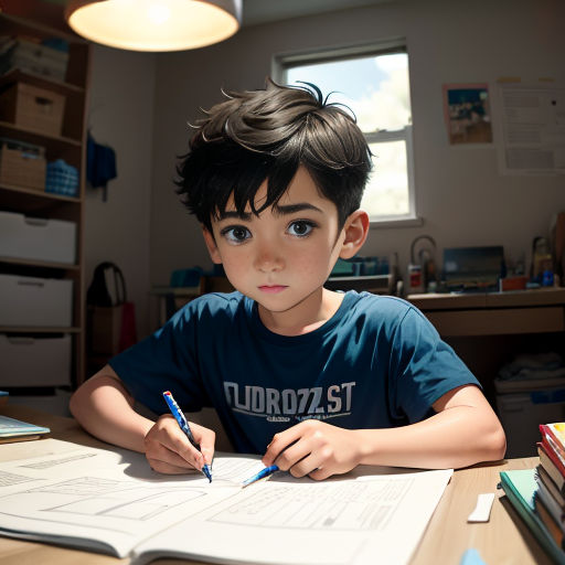 a young boy sitting at a desk with a book and pen in his hand and a book open to the side of him