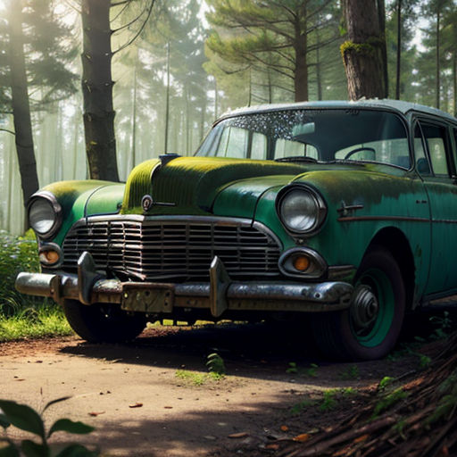 an old green car parked in the woods near a tree stumps and grass area with sunlight shining through the trees