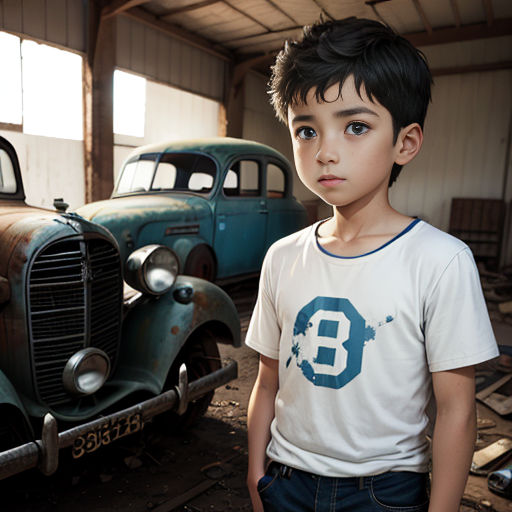 a young boy standing in front of a rusted car in a garage with other old cars in the background