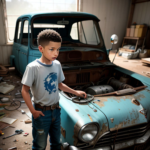 a young boy standing next to a blue car in a garage with junk everywhere around him and a broken hood