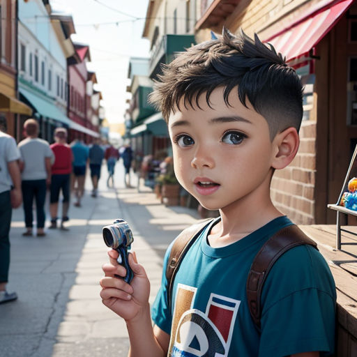 a young boy holding a camera on a city street with people walking by on the sidewalk and a man walking on the sidewalk