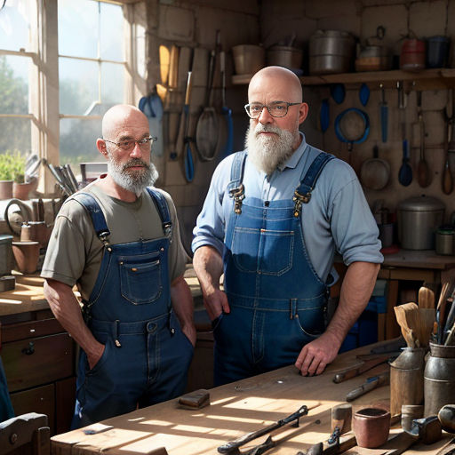 two men in a workshop with tools on a table and a window behind them, one of them is wearing a blue apron