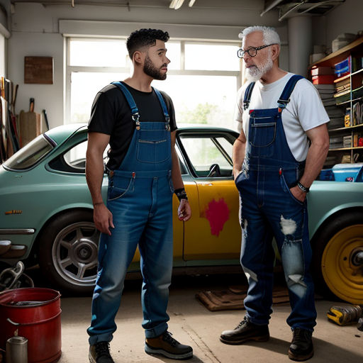 two men standing in a garage next to a car and a yellow car with a man in overalls