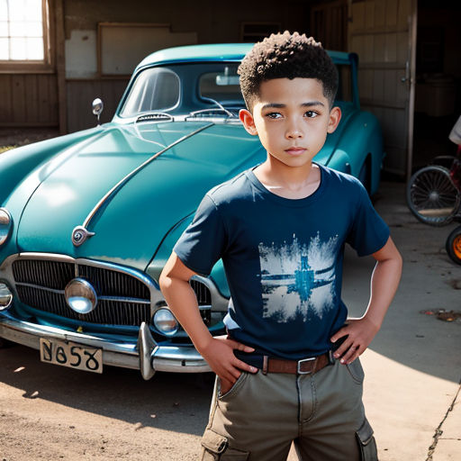 a young boy standing in front of a car in a garage with his hands on his hips and his hands on his hips