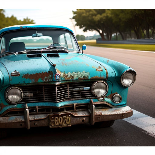an old blue car is parked on the side of the road with a license plate on it's front