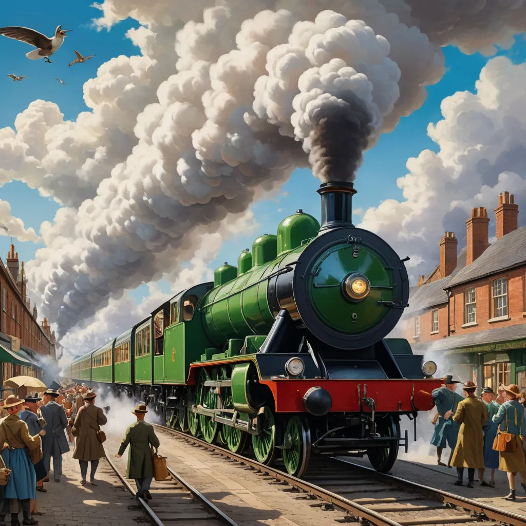 a painting of a train on a train track with people standing around it and a bird flying over it, fantastic realism, a detailed matte painting, Evgeny Lushpin, highly detailed digital painting