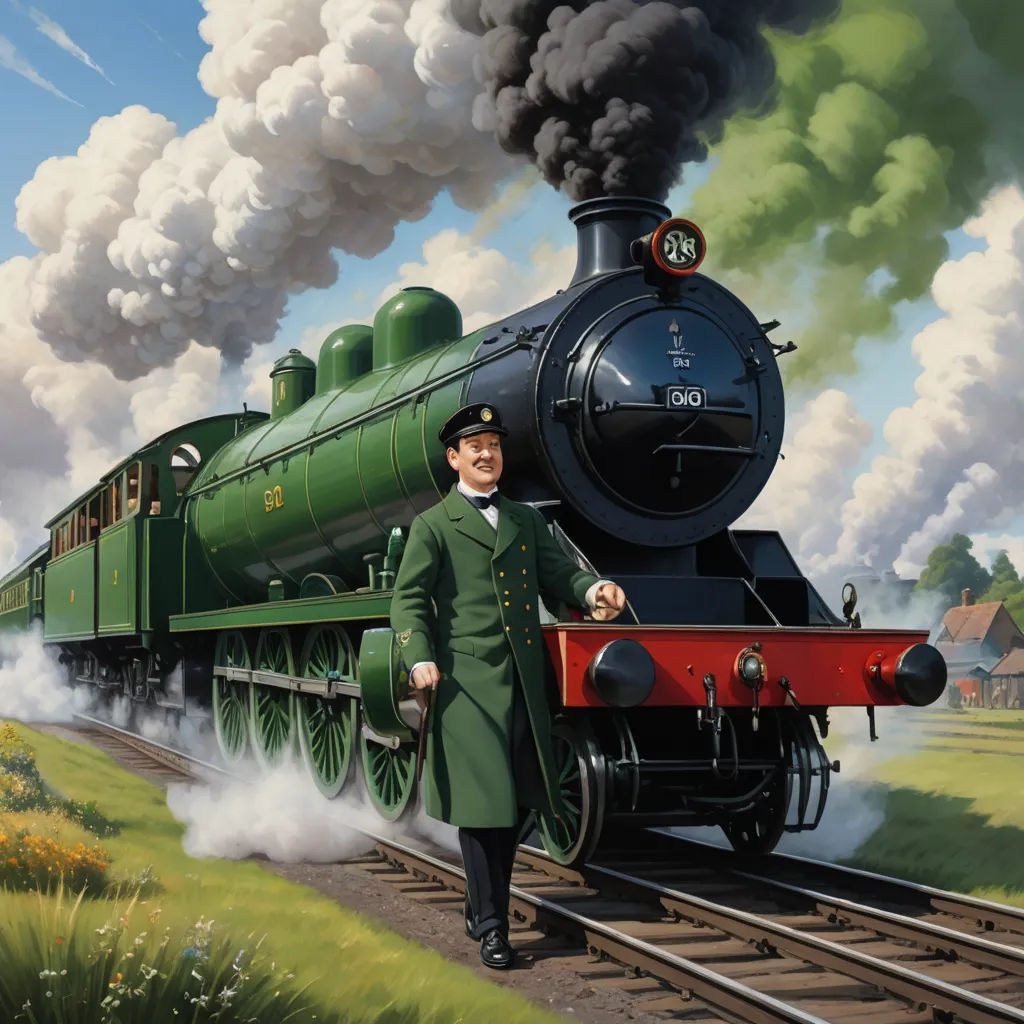 a painting of a man in a green coat standing next to a train engine with smoke billowing out of it, fantastic realism, a detailed matte painting, Colin Middleton, highly detailed digital painting