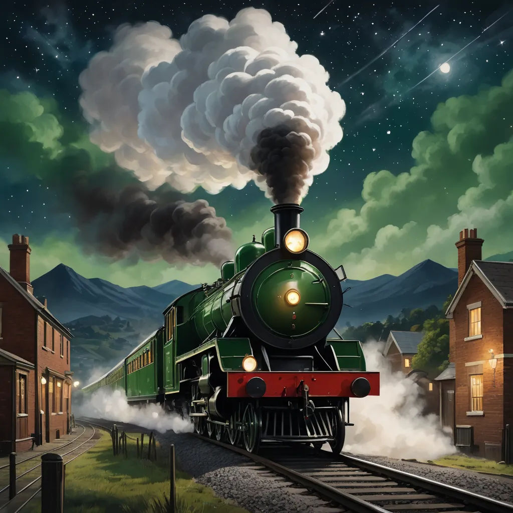 a painting of a train traveling down the tracks at night with a full moon in the sky above it, fantasy art, a detailed matte painting, Evgeny Lushpin, highly detailed digital painting