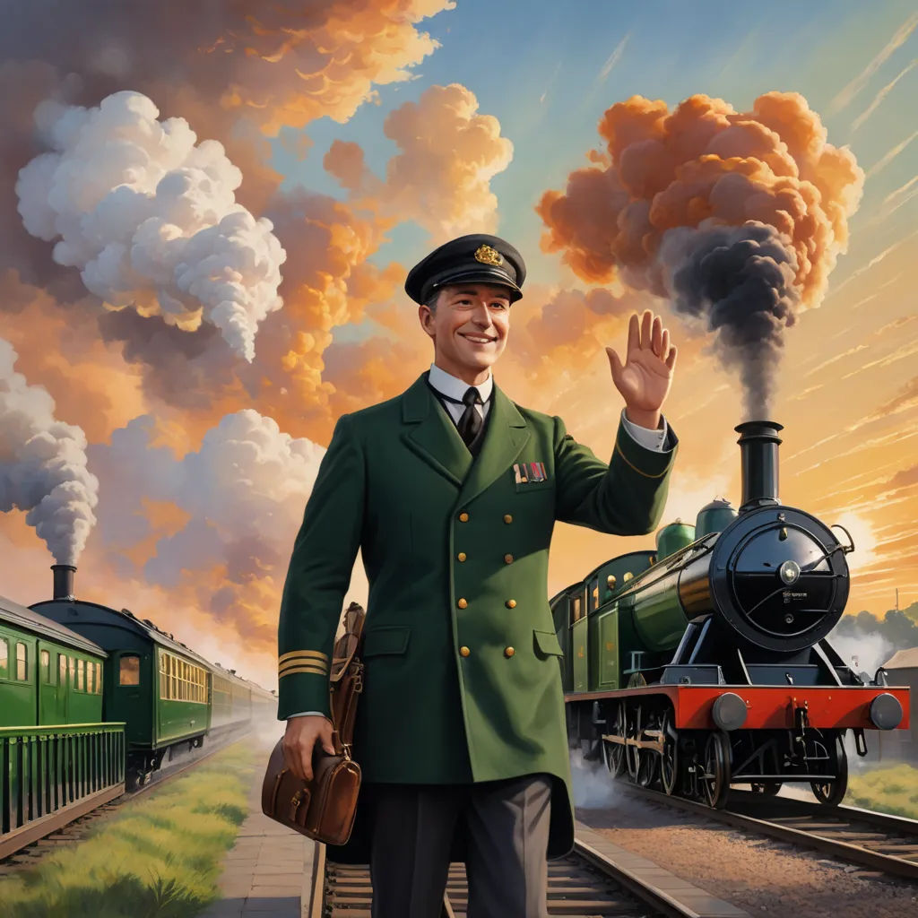 a painting of a man in uniform standing next to a train and waving to the camera with a train in the background, fantastic realism, an ultrafine detailed painting, Colin Middleton, highly detailed digital painting