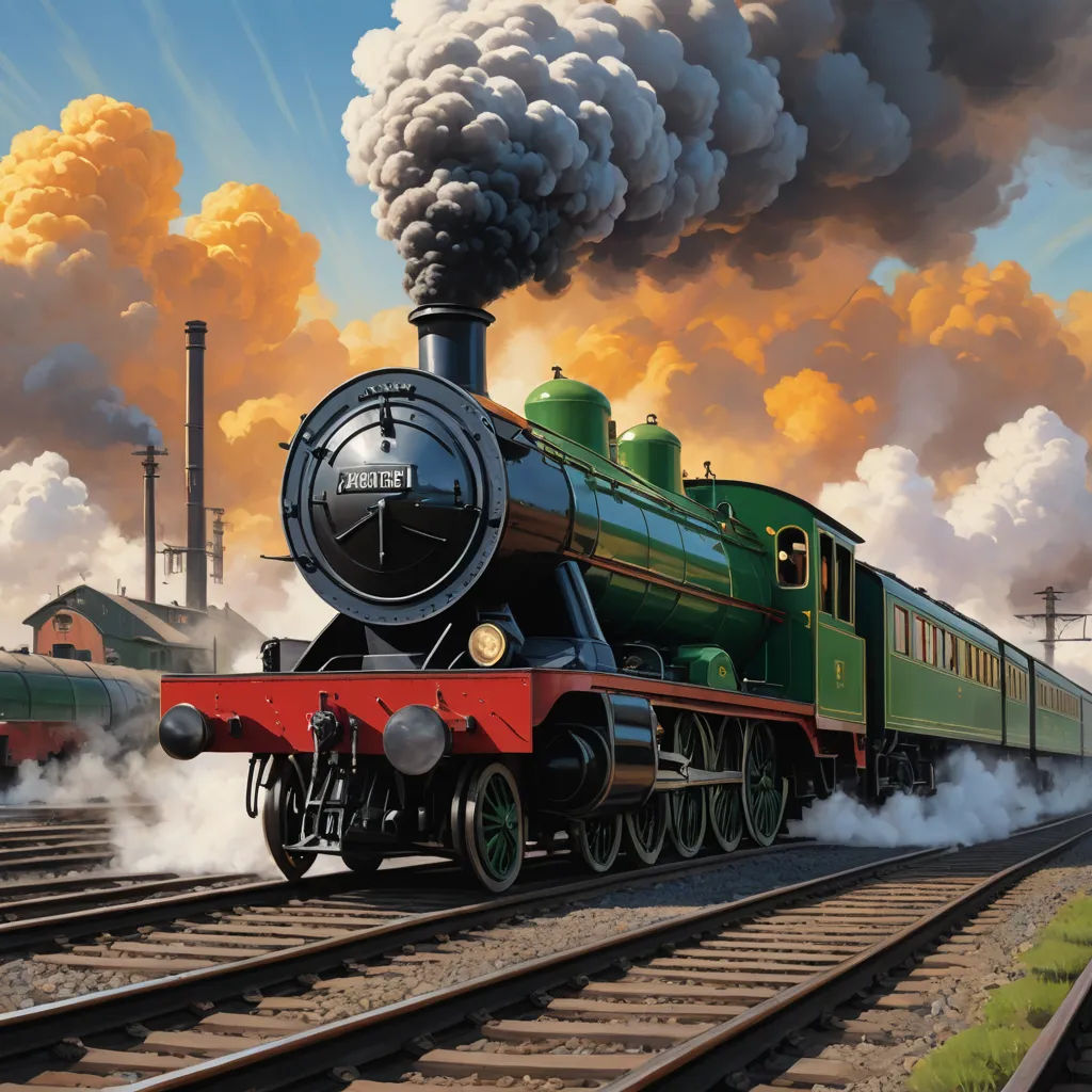 a painting of a train on a train track with smoke coming out of it's stacks and steam coming out of it, fantastic realism, a detailed matte painting, Charles Ginner, highly detailed digital painting