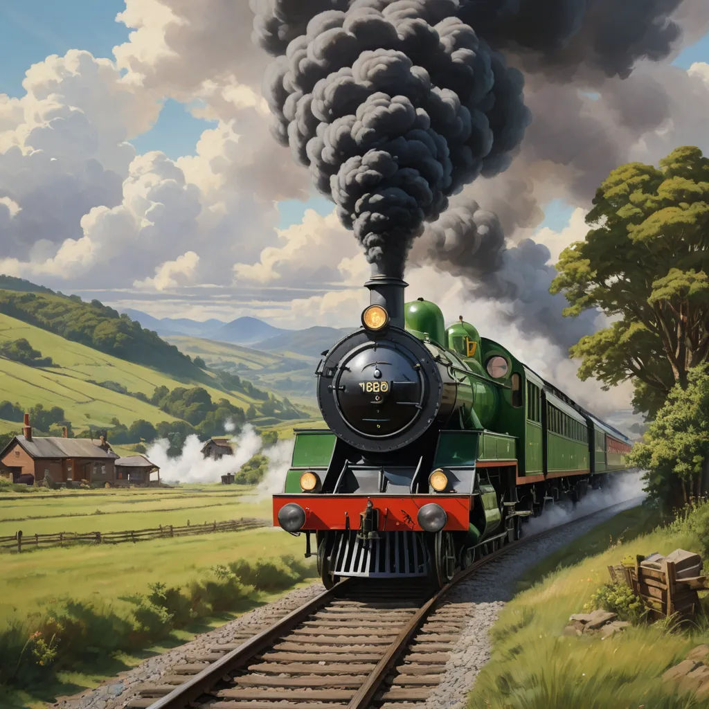 a painting of a train traveling down the tracks with smoke coming out of it's stacks and a green train engine, fantastic realism, a detailed matte painting, Charles Ginner, highly detailed oil painting