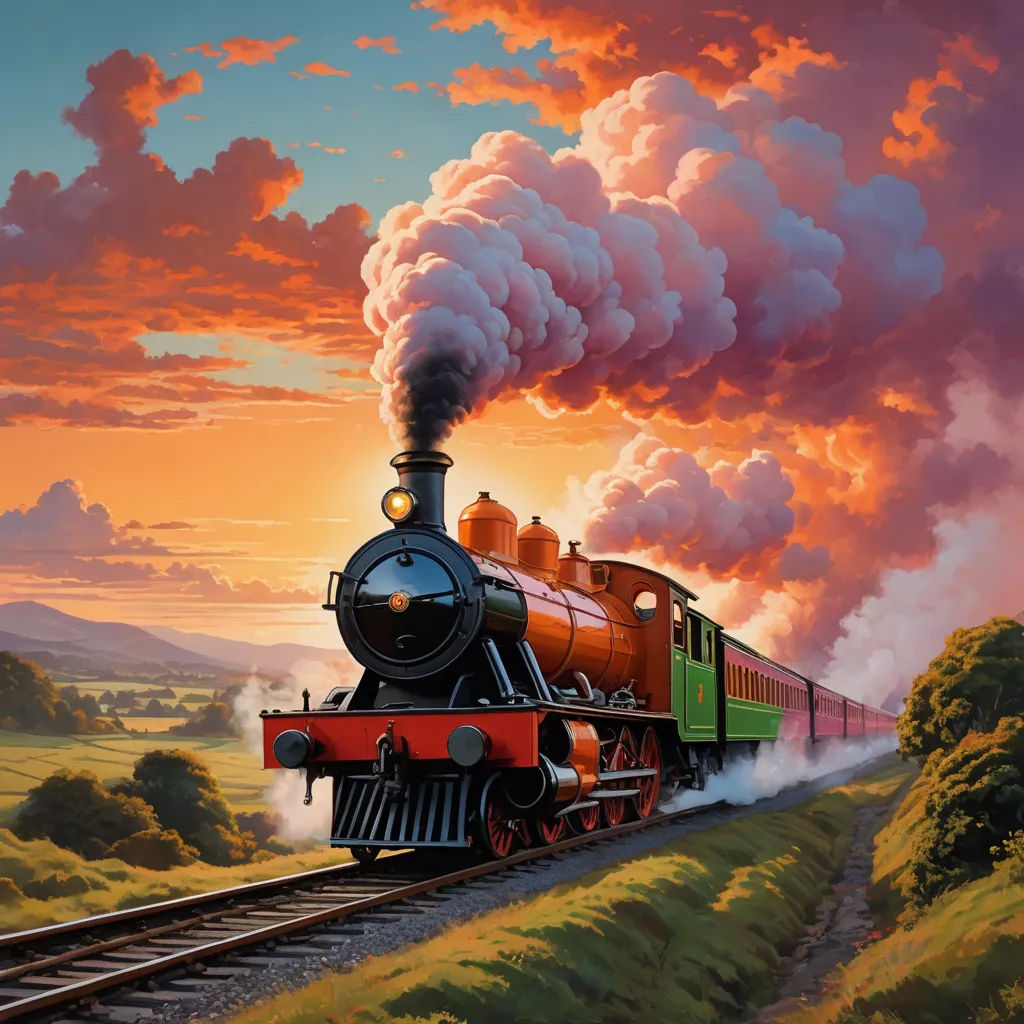 a painting of a train traveling down the tracks with a sunset in the background and clouds in the sky, fantastic realism, an airbrush painting, David A Hardy, highly detailed digital painting