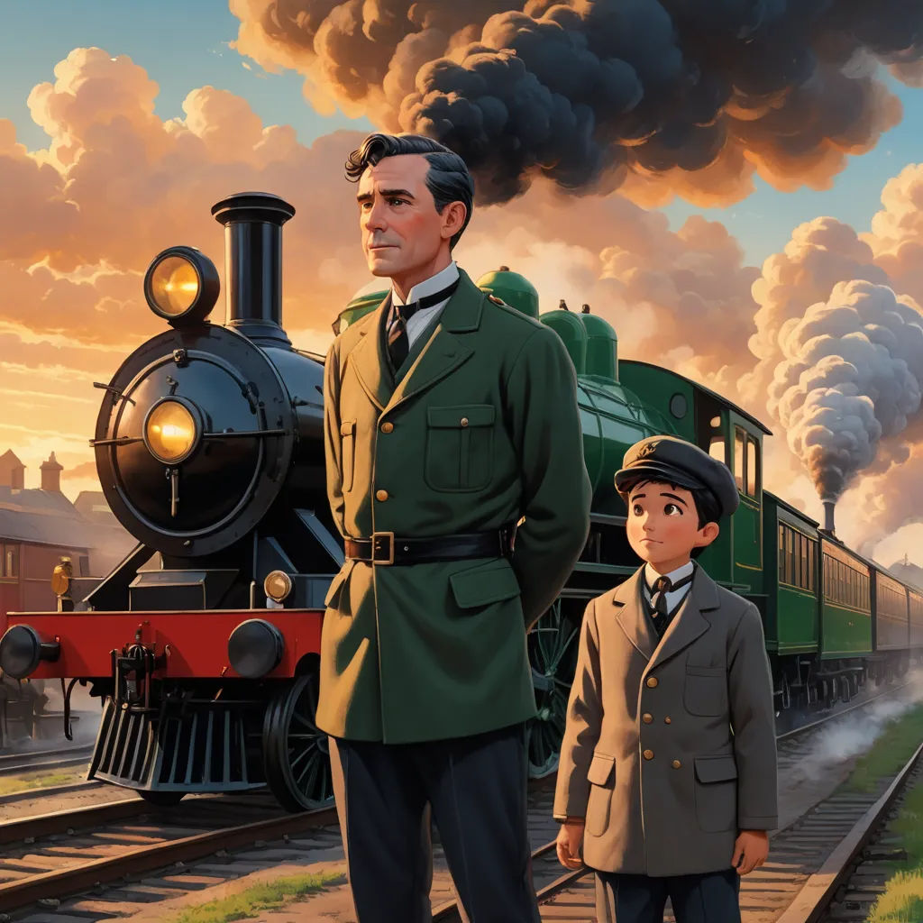 a painting of a man and a boy standing in front of a train engine with smoke pouring out of it, socialist realism, a detailed matte painting, Brothers Hildebrandt, official art