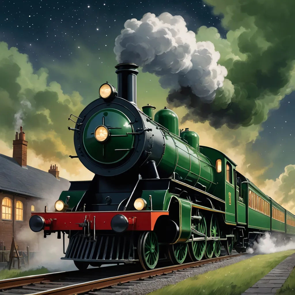 a painting of a train on a train track with a sky background and clouds above it, and a building with a clock on the top, fantasy art, a detailed matte painting, Evgeny Lushpin, highly detailed digital painting