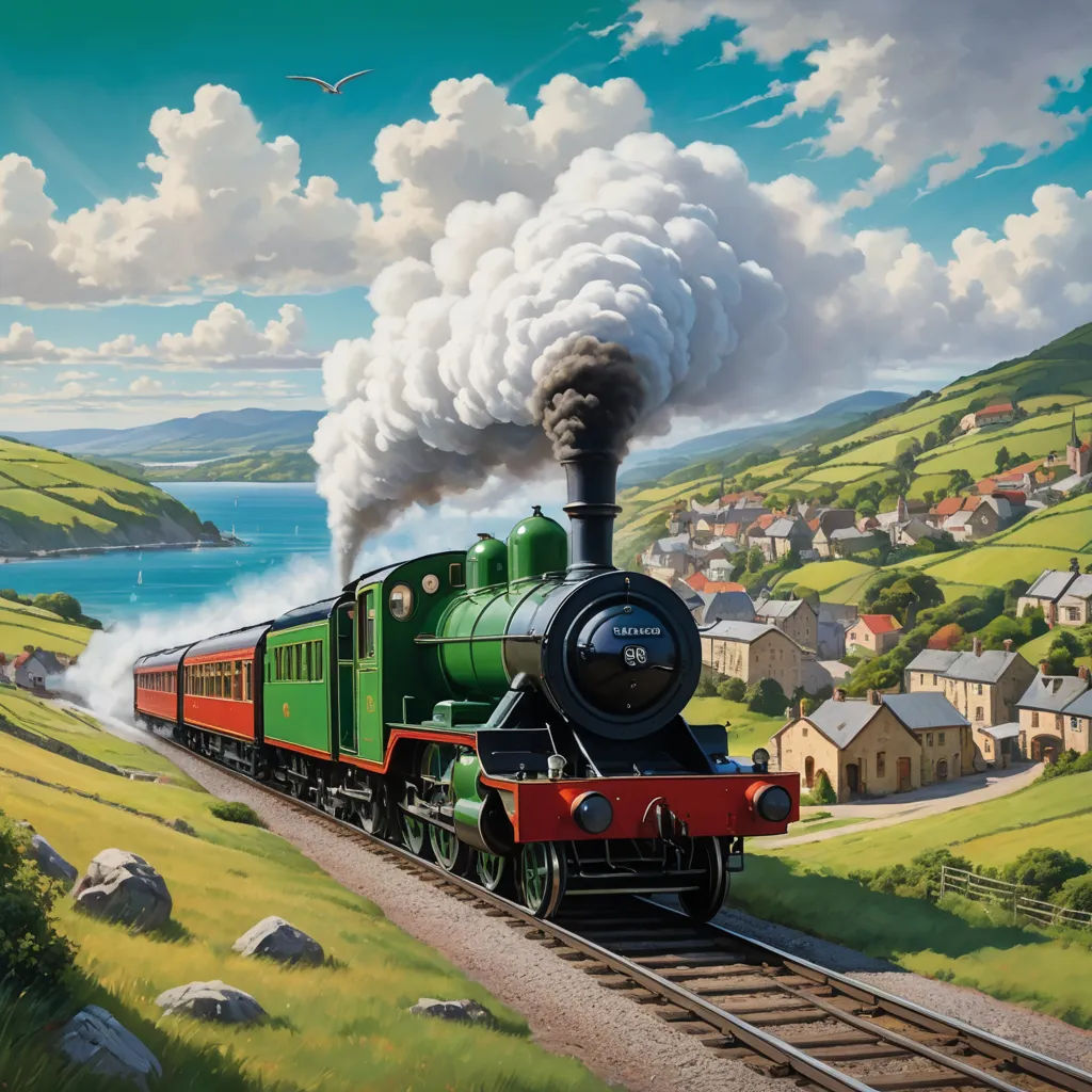 a painting of a train traveling down the tracks near a town and a lake with a bird flying over it, fantastic realism, a detailed matte painting, Charles Ginner, official art