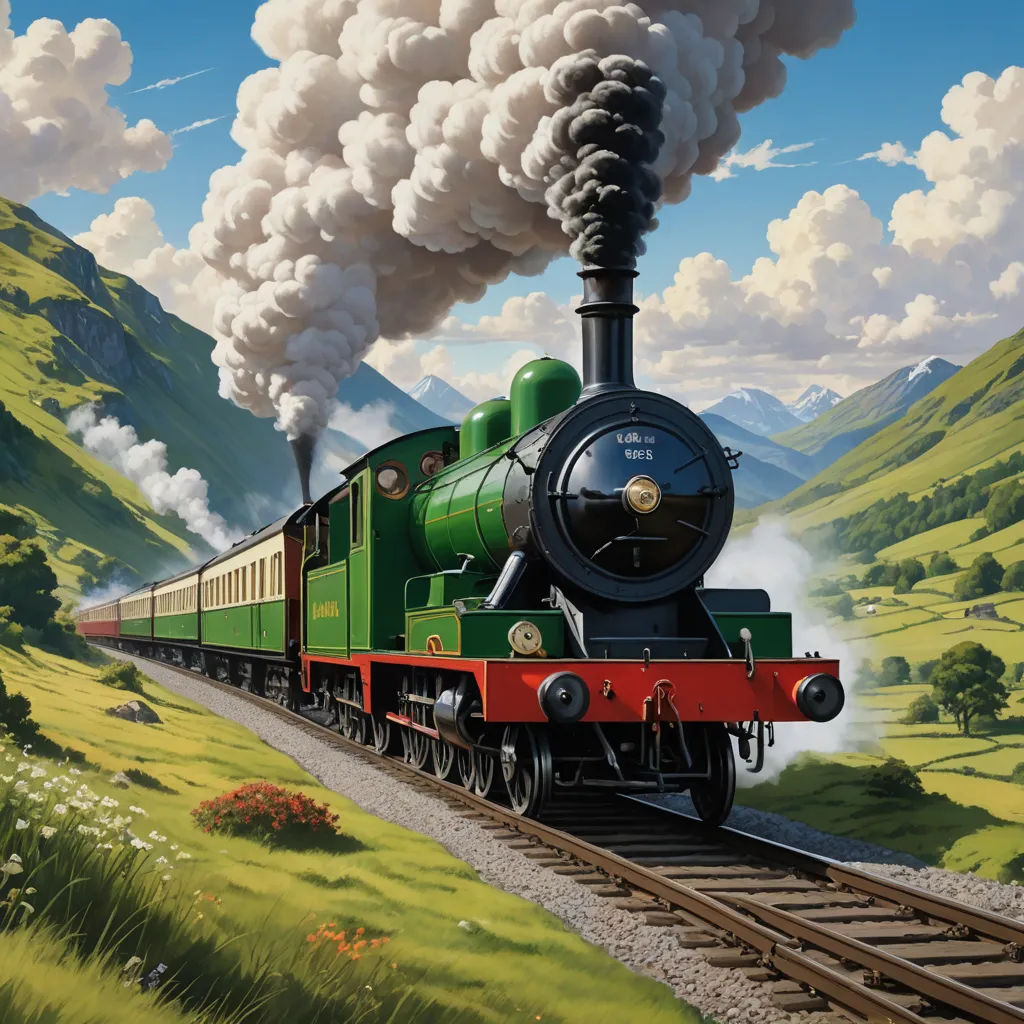 a painting of a train traveling down the tracks with a lot of smoke coming out of it's stacks, fantastic realism, a detailed matte painting, Charles Ginner, highly detailed digital painting
