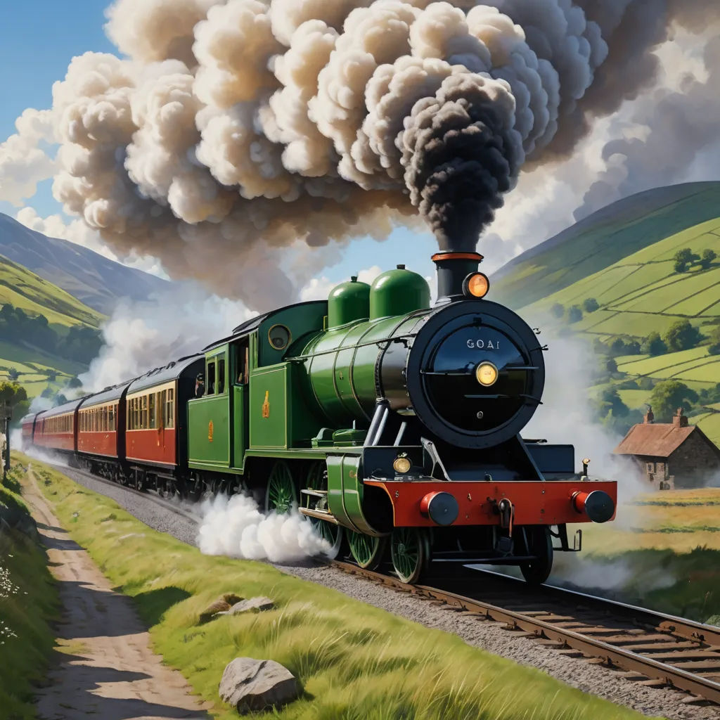 a painting of a train with smoke coming out of it's stacks and a person standing on the side of the train, fantastic realism, a detailed matte painting, Evgeny Lushpin, highly detailed digital painting