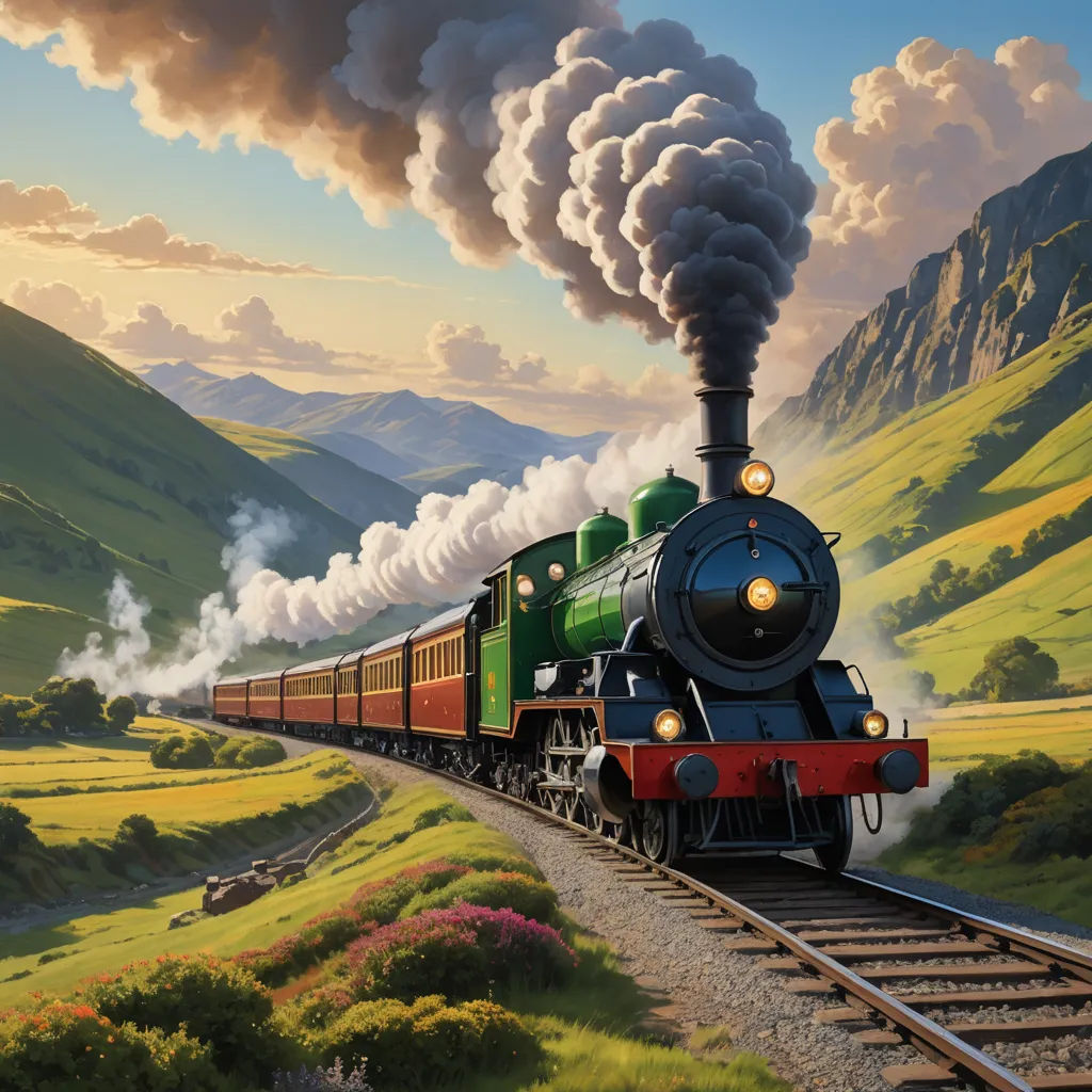 a painting of a train traveling through a mountainous area with a mountain in the background and a sky filled with clouds, fantastic realism, a detailed matte painting, Evgeny Lushpin, highly detailed digital painting