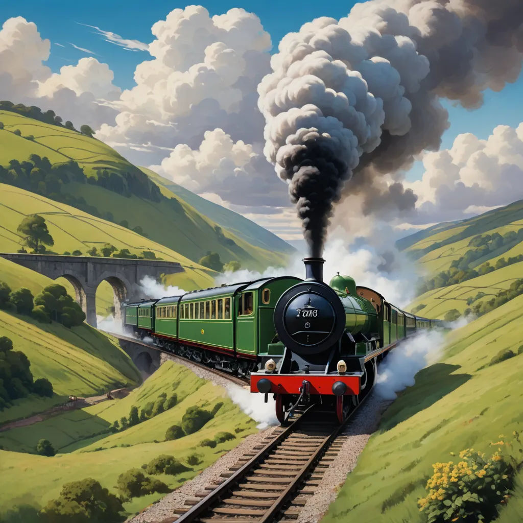 a painting of a train traveling down the tracks in a hilly area with a bridge and a train on the tracks, fantastic realism, a detailed matte painting, Evgeny Lushpin, highly detailed digital painting