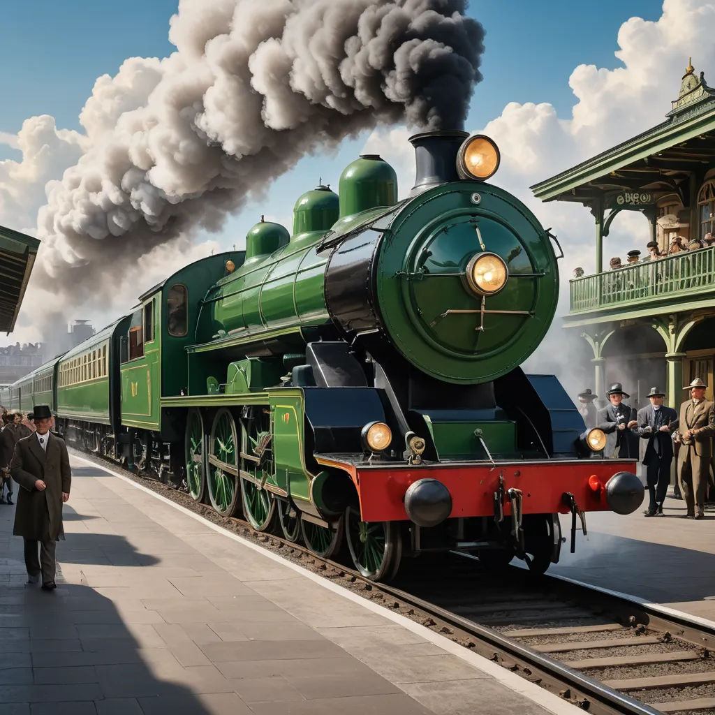 a painting of a train on a train track with people standing around it and a train coming down the track, photorealism, a detailed matte painting, Evgeny Lushpin, highly detailed digital painting