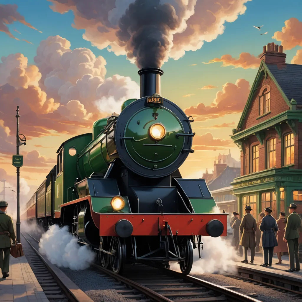 a painting of a train on a train track with people standing around it and a train coming down the track, fantastic realism, a detailed matte painting, Evgeny Lushpin, highly detailed digital painting
