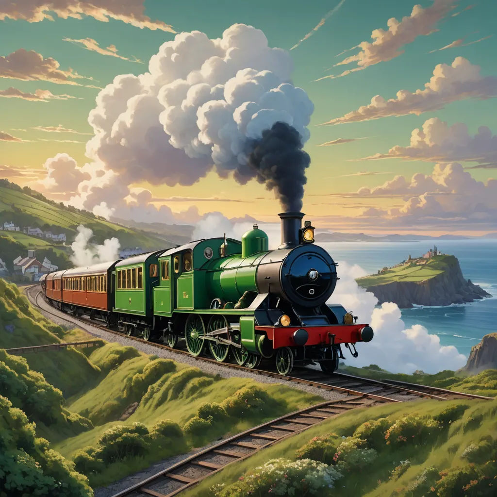 a painting of a train traveling down the tracks near a cliff side with a body of water in the background, fantastic realism, a detailed matte painting, Evgeny Lushpin, kinkade