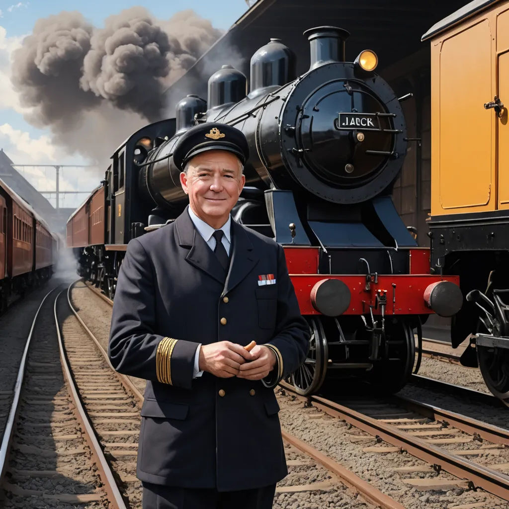 a man in uniform standing next to a train on tracks with smoke billowing out of it's stacks, photorealism, a detailed matte painting, Colin Middleton, highly detailed digital painting