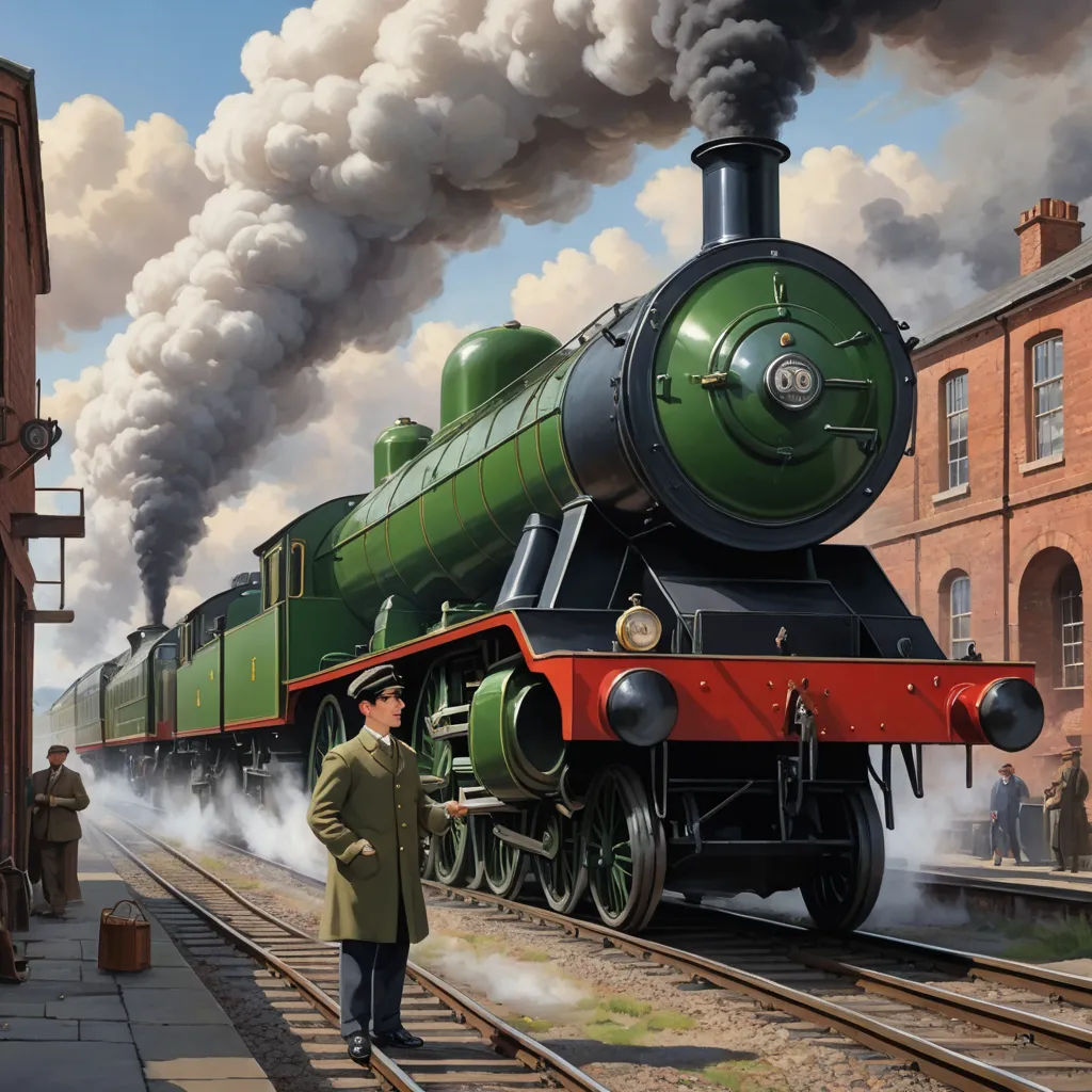 a painting of a man standing next to a train on a train track with smoke billowing out of it, fantastic realism, an ultrafine detailed painting, Colin Middleton, highly detailed digital painting