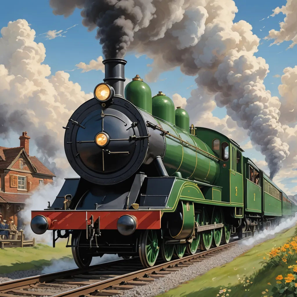 a painting of a train traveling down the tracks with smoke coming out of it's stacks and a house in the background, fantastic realism, a detailed matte painting, Charles Ginner, highly detailed digital painting